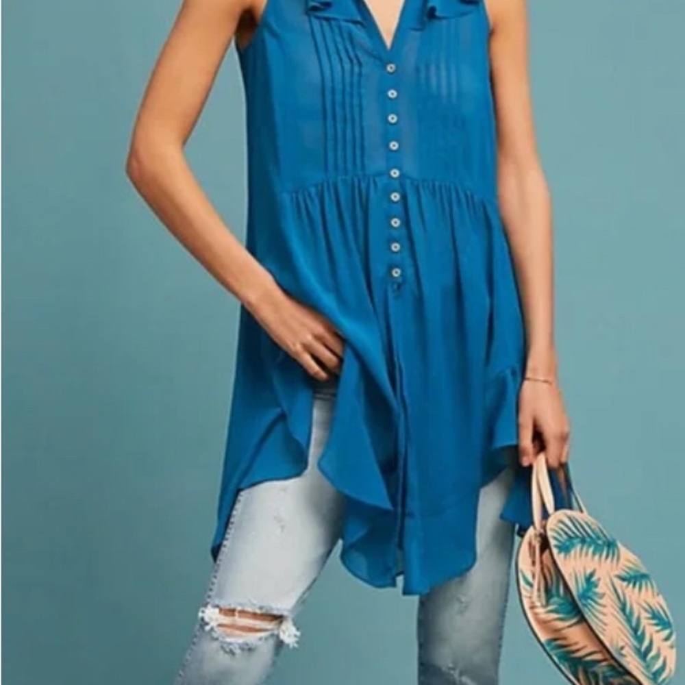 Anthropologie Blue Sheer Button Up Tunic